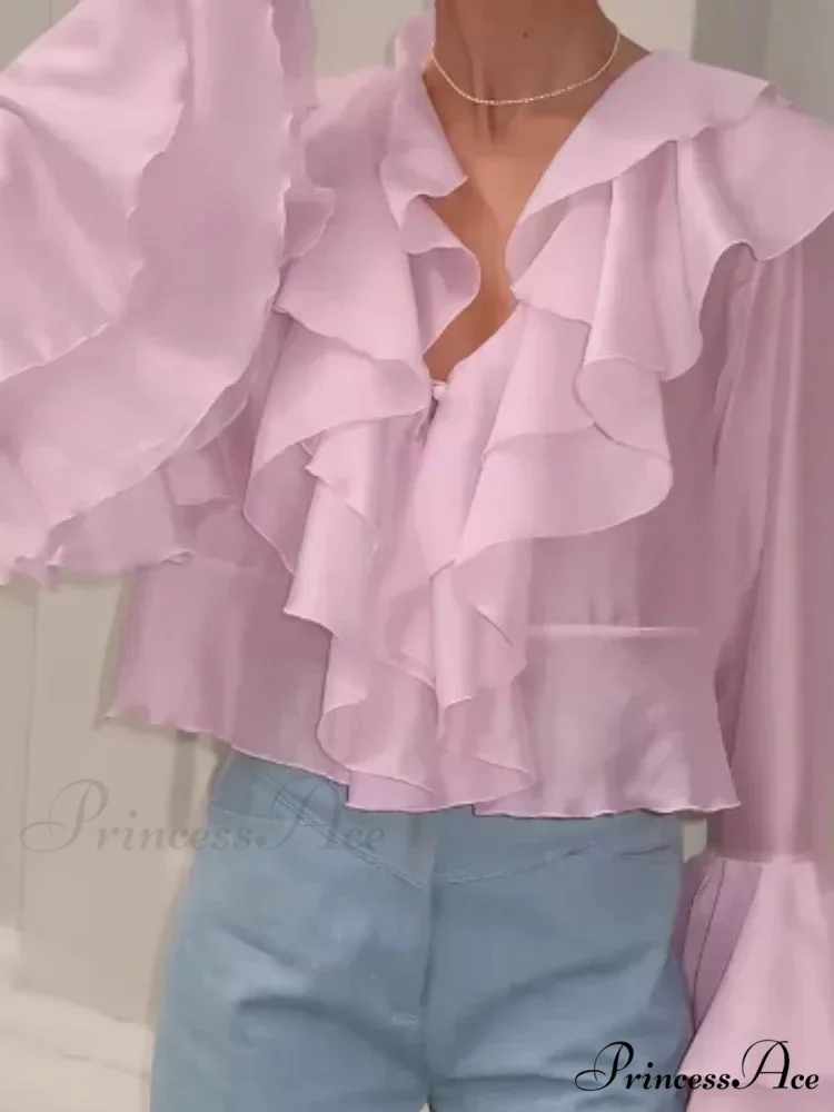 Frills V Neck Rose Chiffon Blouse - Image 5
