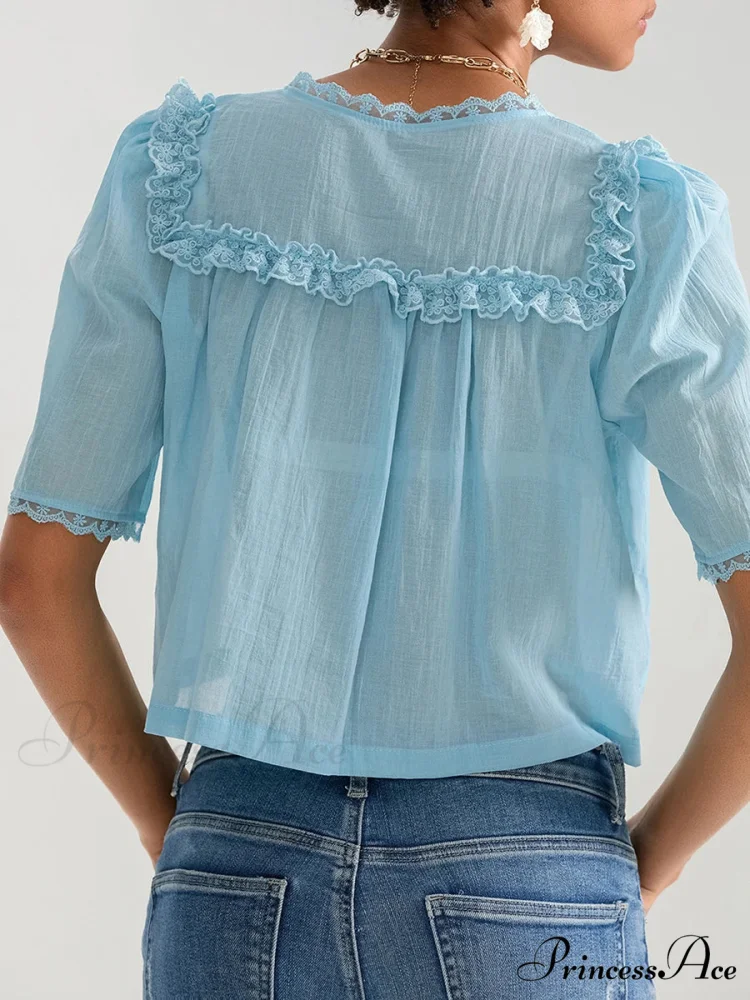 Frilly Frill Plunge Button Informal Baggy Crop Shirt - Image 2