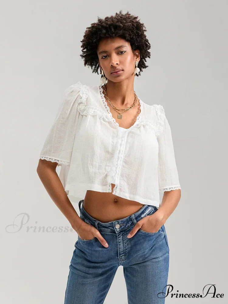 Frilly Frill Plunge Button Informal Baggy Crop Shirt - Image 3
