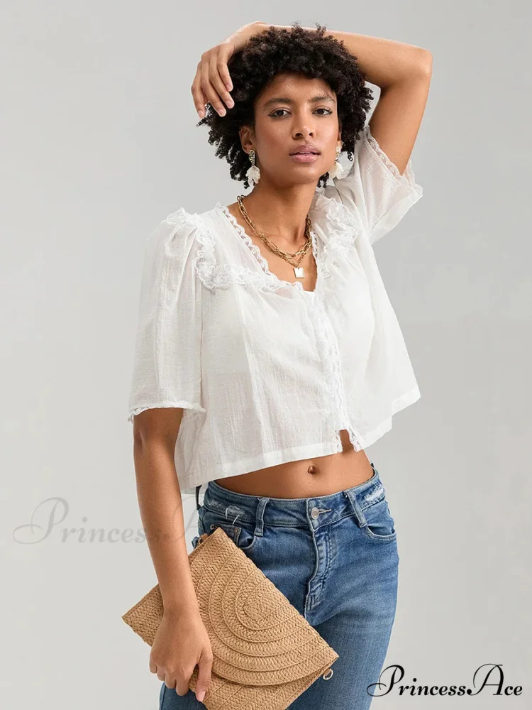 Frilly Frill Plunge Button Informal Baggy Crop Shirt - Image 4