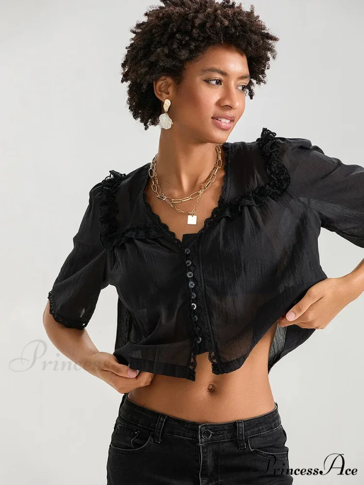 Frilly Frill Plunge Button Informal Baggy Crop Shirt - Image 5