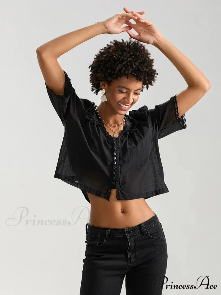 Frilly Frill Plunge Button Informal Baggy Crop Shirt - Image 6