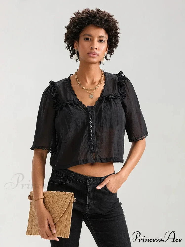 Frilly Frill Plunge Button Informal Baggy Crop Shirt - Image 7