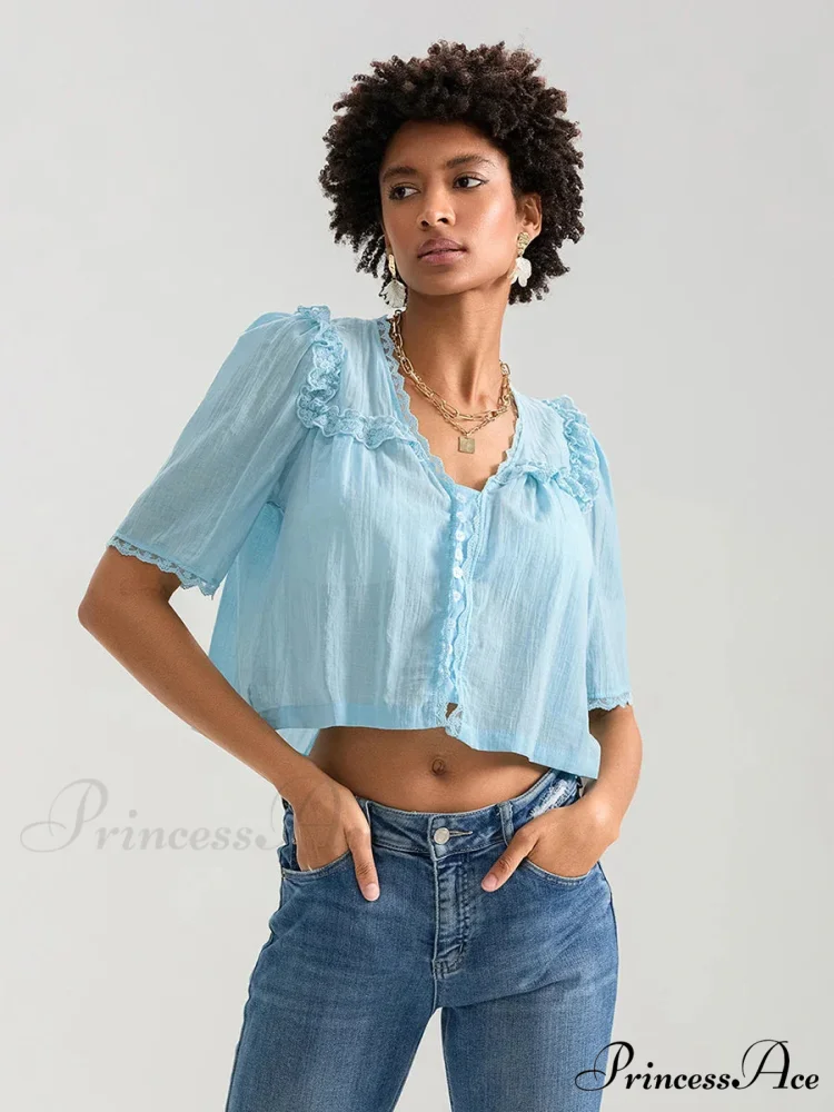 Frilly Frill Plunge Button Informal Baggy Crop Shirt - Image 8