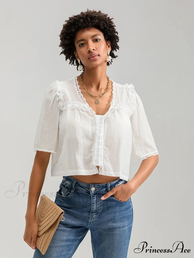 Frilly Frill Plunge Button Informal Baggy Crop Shirt - Image 9