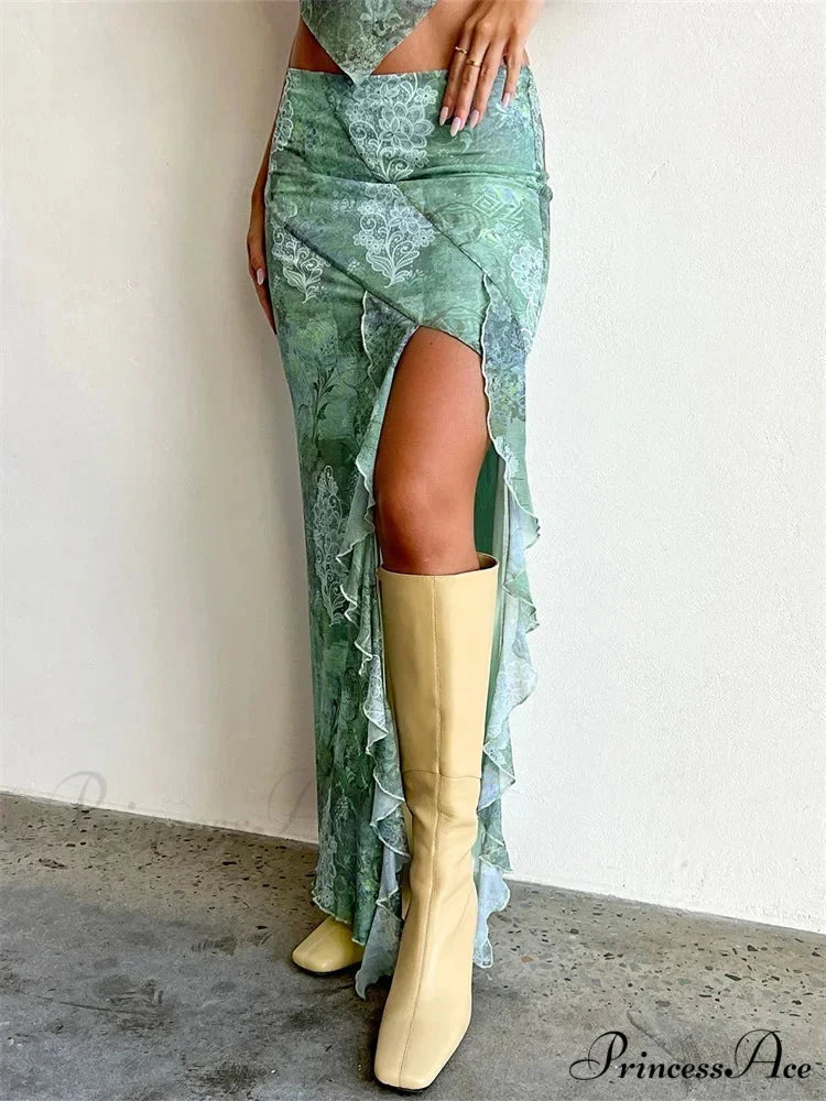 Frilly Mesh Flowery Low Waist High Split Bohemian Skirt - Image 5
