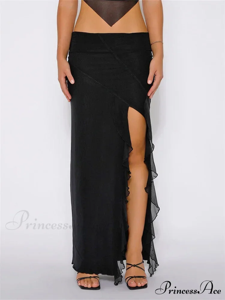 Frilly Mesh Flowery Low Waist High Split Bohemian Skirt - Image 6