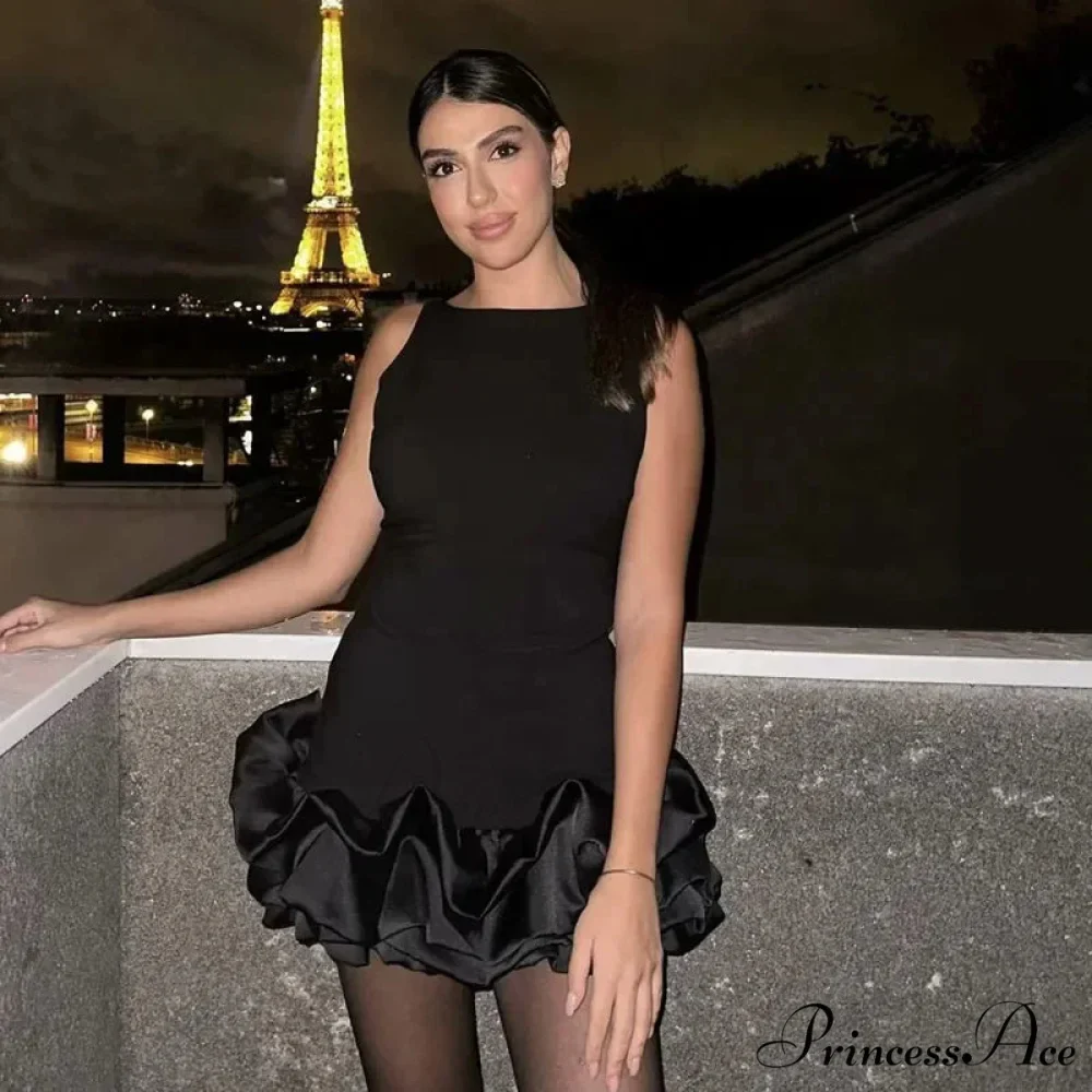 Frilly Sleeveless Form-Fitting Ivory Ebony Crimson Short Dress - Image 4