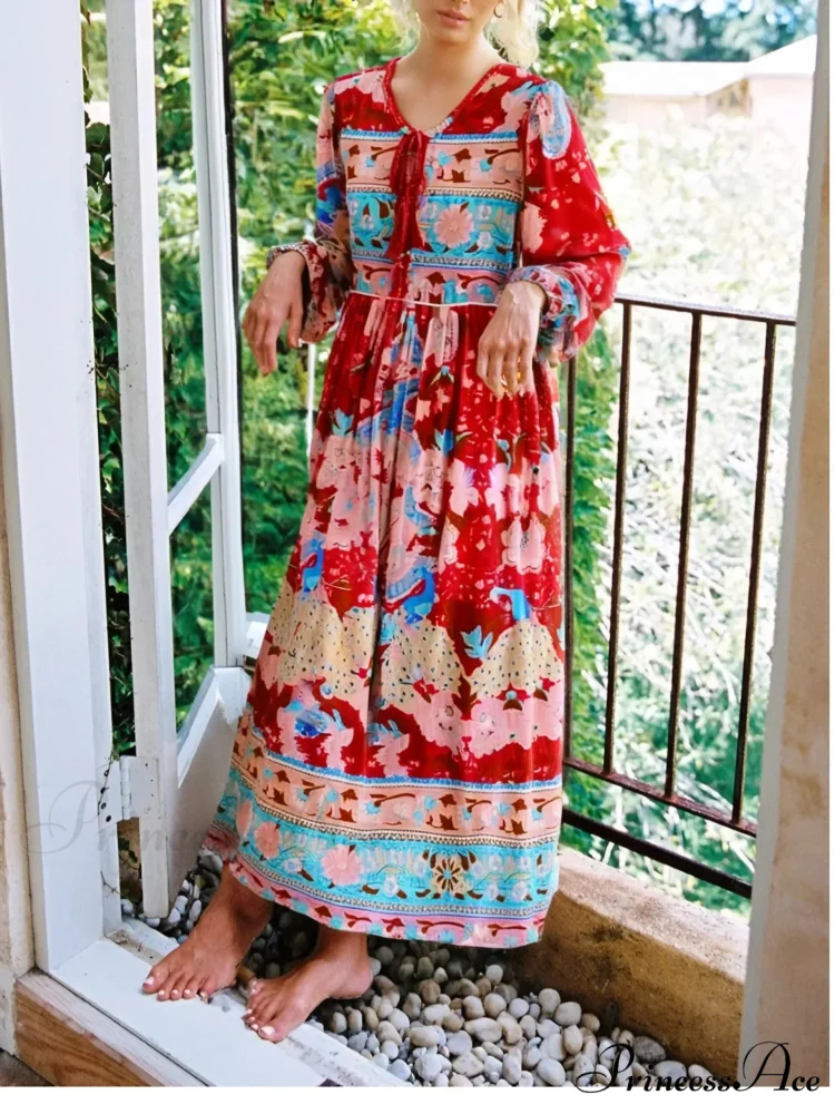 Fringe Crimson Flower Pattern Rayon Cotton Pleated Extended Maxi Boho Sundress - Image 2