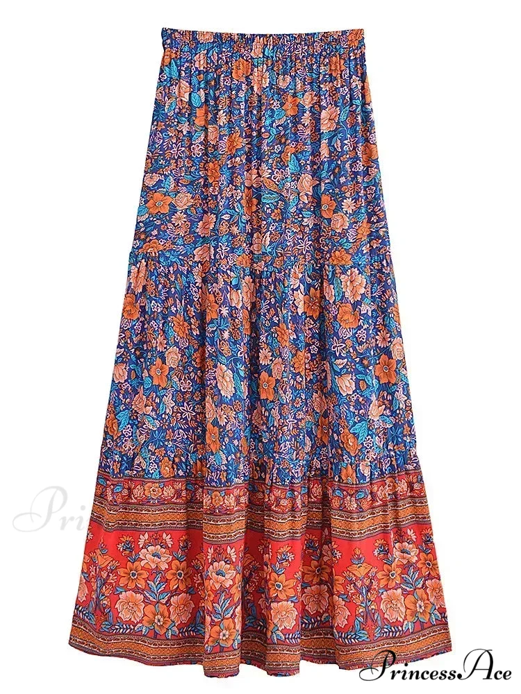 Fringe Flower Pattern Seaside Bohemian Pleated Maxi Skirt Woman - Image 2