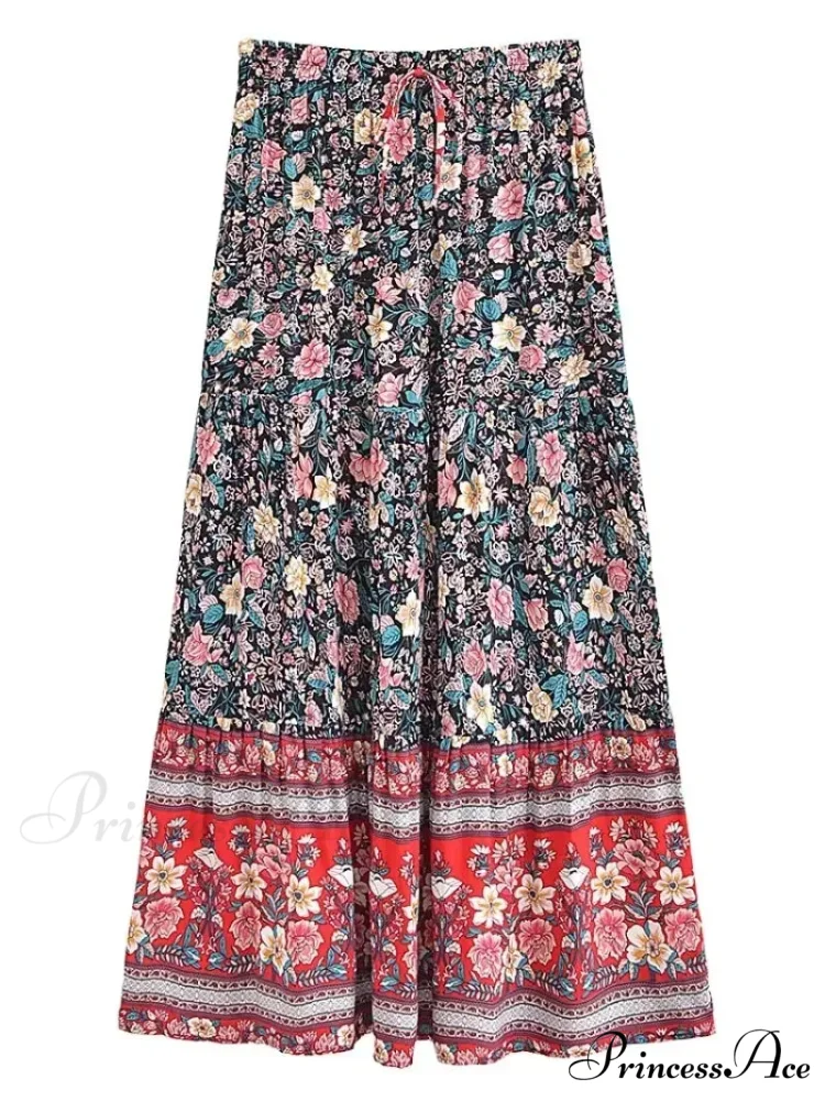 Fringe Flower Pattern Seaside Bohemian Pleated Maxi Skirt Woman - Image 3