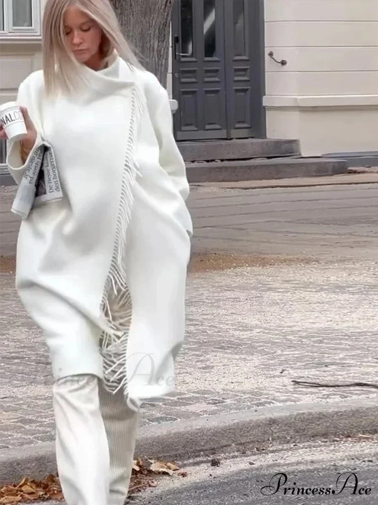 Fringe High-neck Asymmetrical Fasten Coat - Image 3