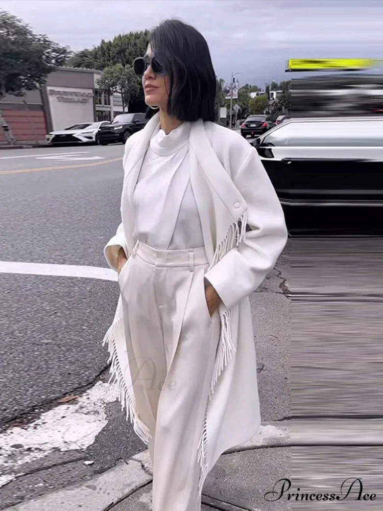 Fringe High-neck Asymmetrical Fasten Coat - Image 4