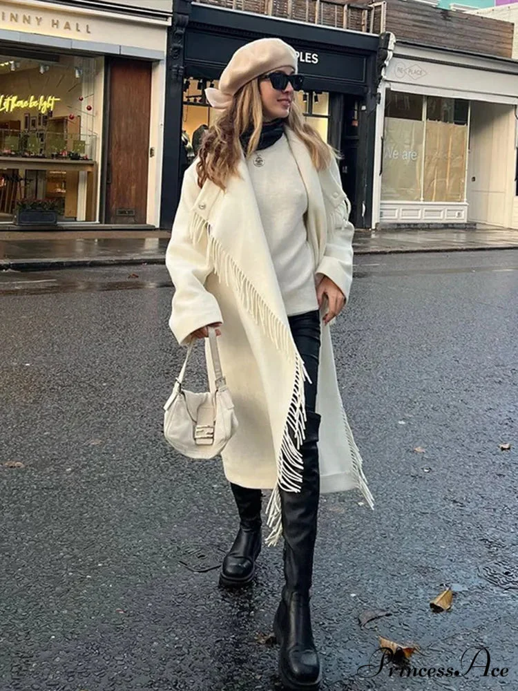 Fringe High-neck Asymmetrical Fasten Coat - Image 5