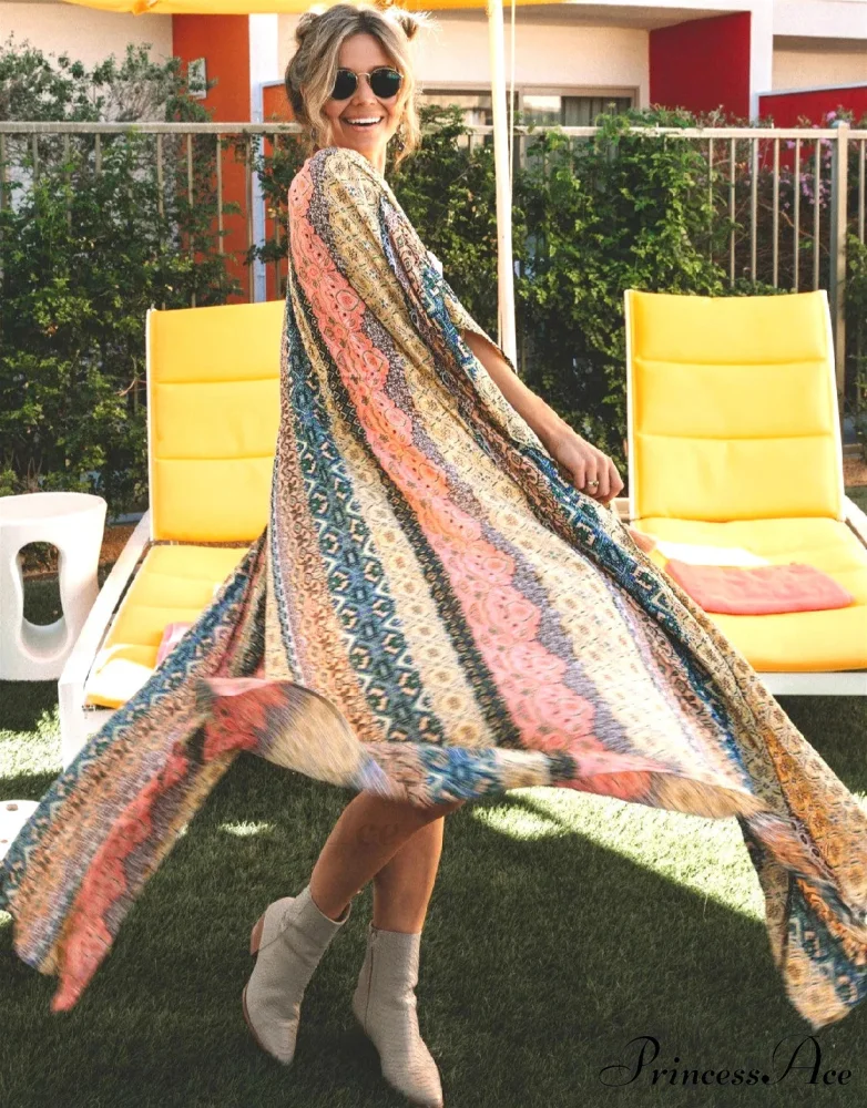 Fringe Lace-up Kimono Cotton Patterned Swimsuit Cover up - Image 2