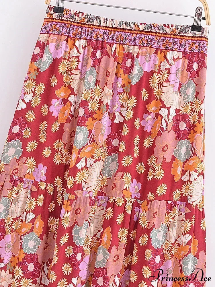 Fringe Stretch Waist Flower Patterned Seaside Bohemian Pleated Maxi Skirt - Image 2