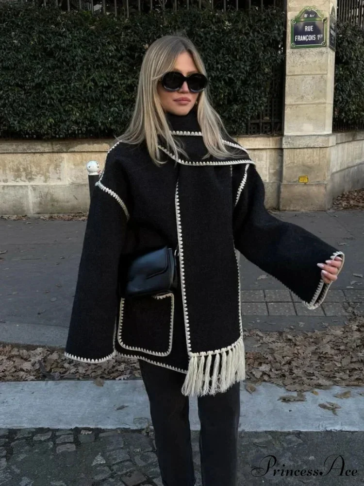 Fringes Scarf Neck Woolen Mix Coat - Image 2