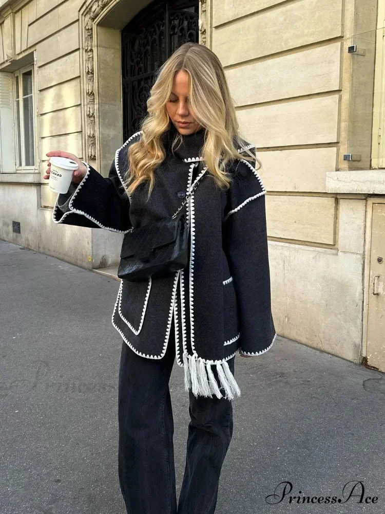 Fringes Scarf Neck Woolen Mix Coat - Image 3