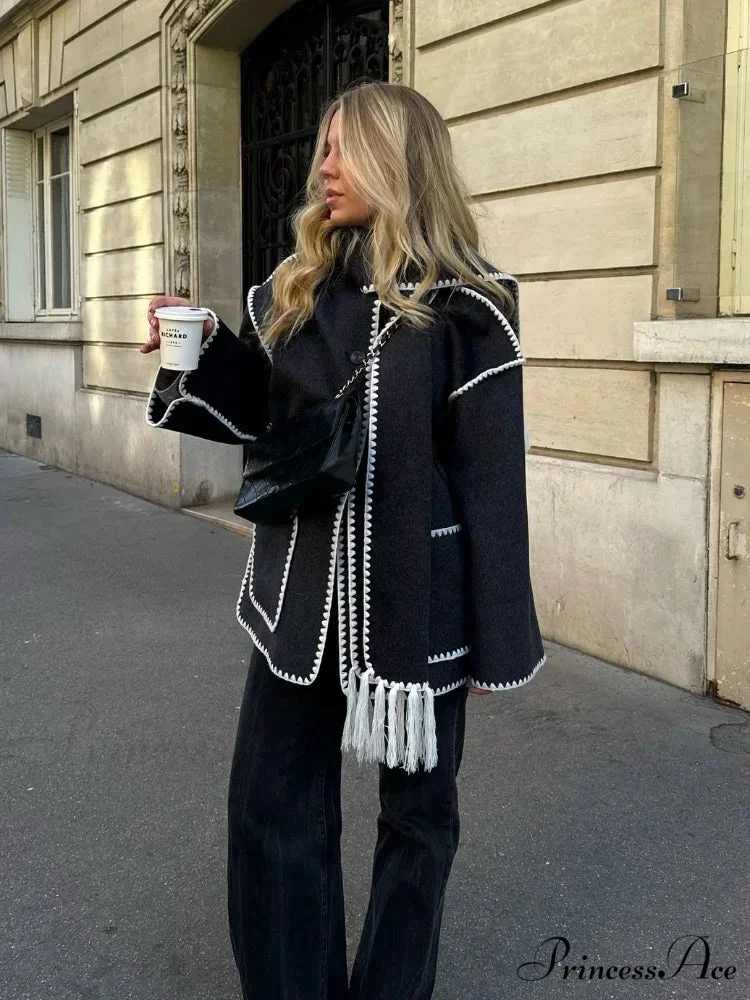 Fringes Scarf Neck Woolen Mix Coat - Image 4