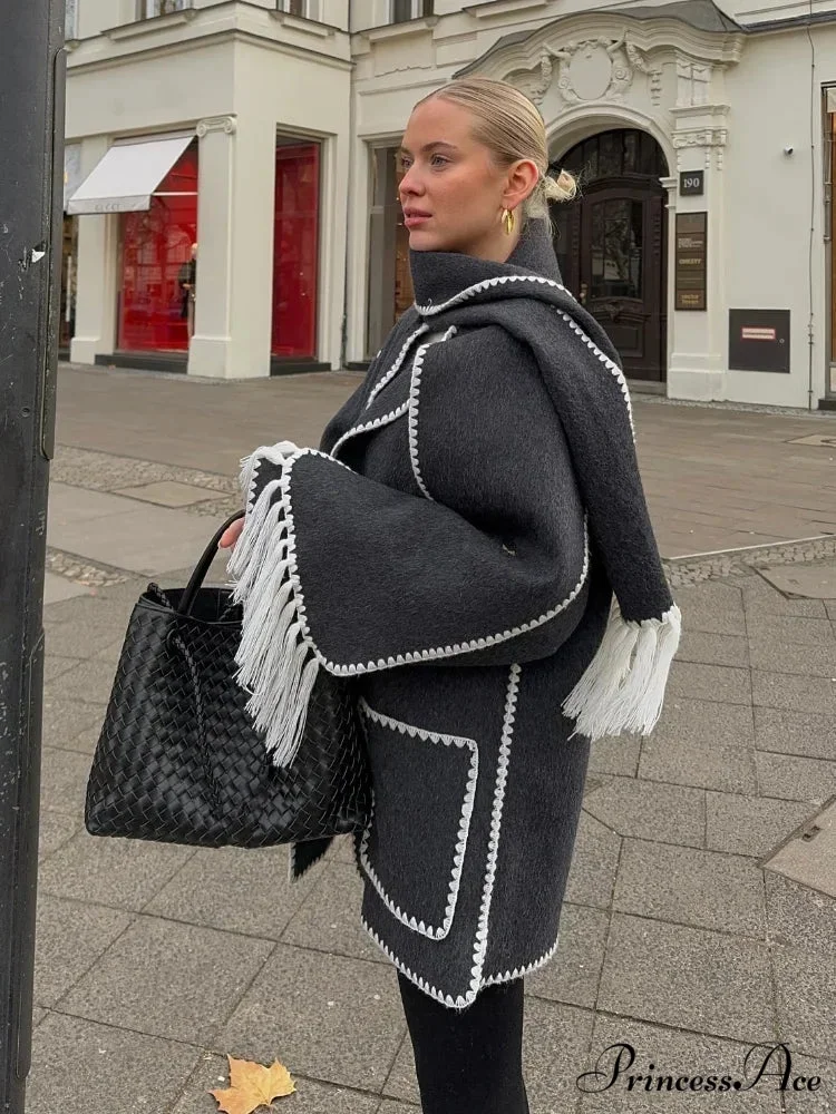 Fringes Scarf Neck Woolen Mix Coat - Image 5