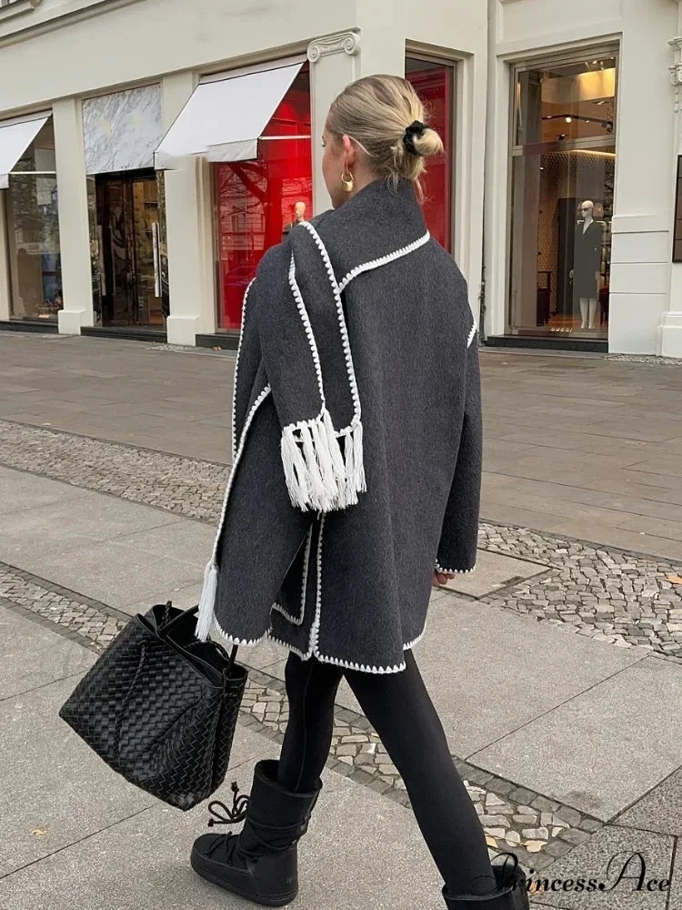 Fringes Scarf Neck Woolen Mix Coat - Image 6