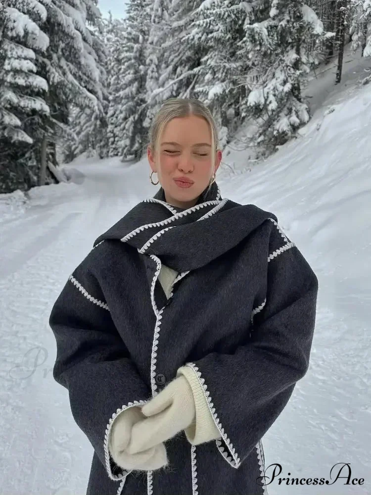 Fringes Scarf Neck Woolen Mix Coat - Image 7