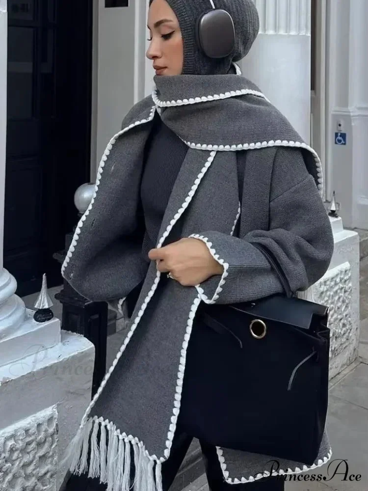 Fringes Scarf Neck Woolen Mix Coat - Image 8