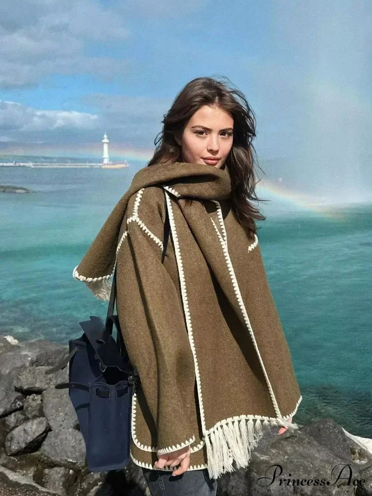 Fringes Scarf Neck Woolen Mix Coat - Image 9