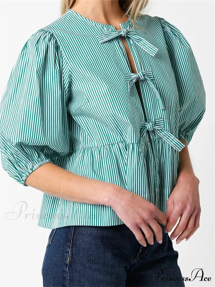 Front Division Bowknot Fasten-Up Puff Sleeve Blouse - Image 2