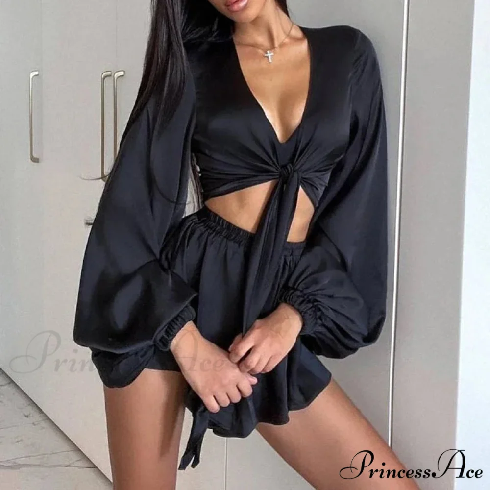 Front Fasten Low Neck Full Sleeve Crop Top Flow Shorts Two Pieces Set - Image 6