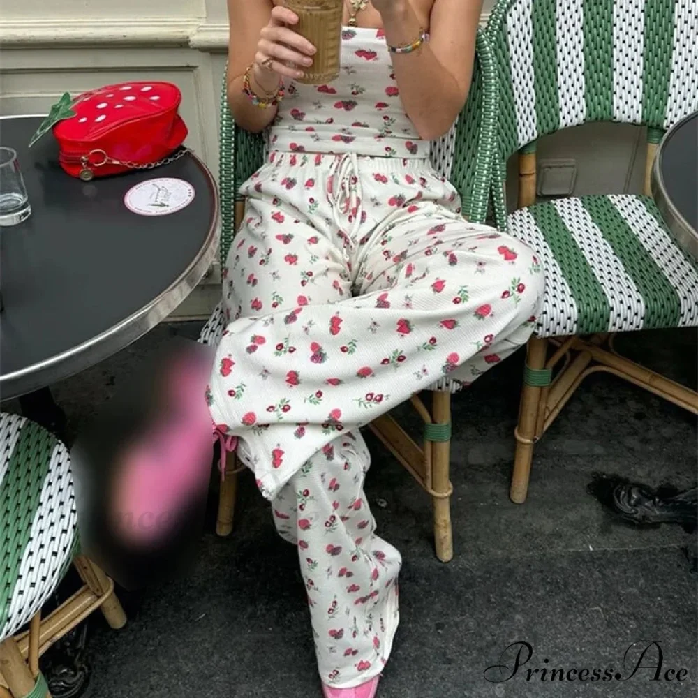 Fruit Pattern Strapless Tube Top Open Back Crop Top Pants Two Pieces Set - Image 2