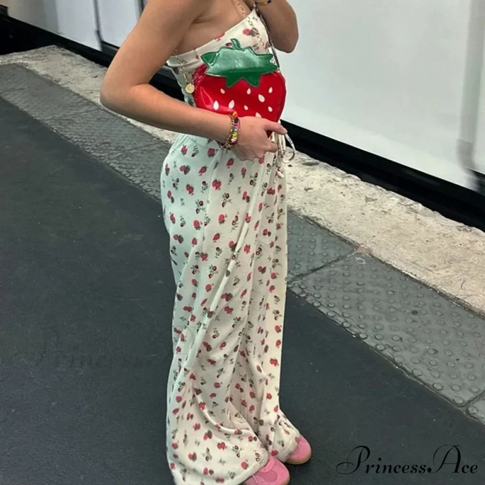 Fruit Pattern Strapless Tube Top Open Back Crop Top Pants Two Pieces Set - Image 3