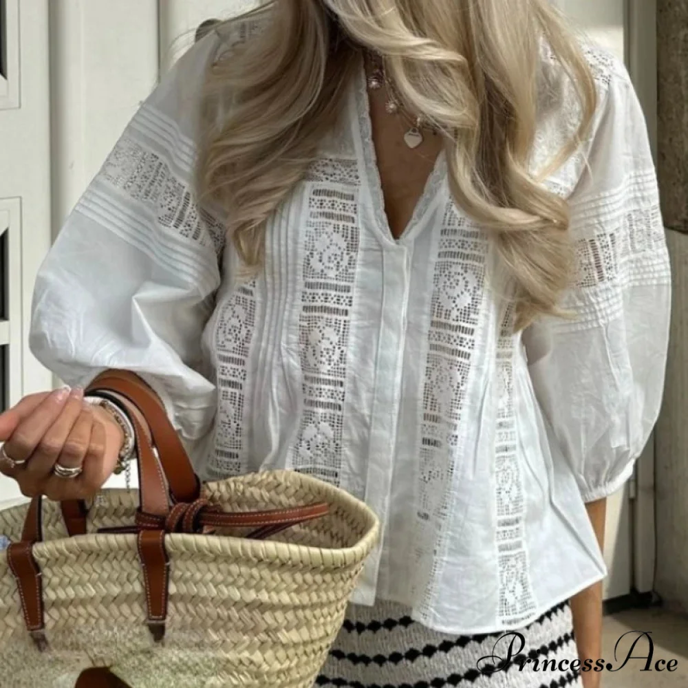 Full Sleeve Deep Neck Floral Stitching Cotton Bohemian Top - Image 2