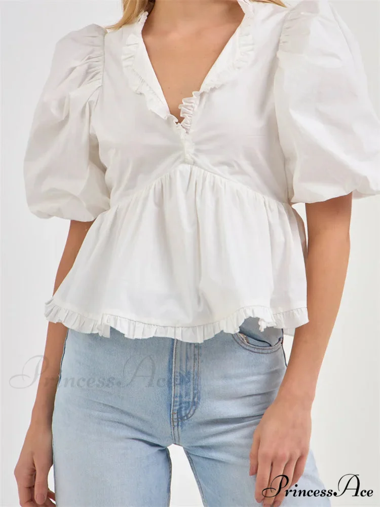 Full Sleeve Frill Trim V-neck Top - Image 5