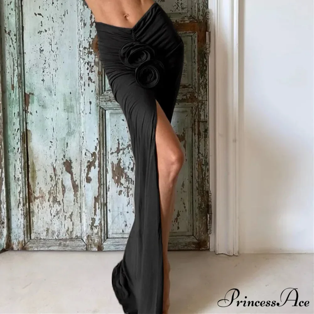 Gathered Divided Flower Ornamentation Long Skirt - Image 6