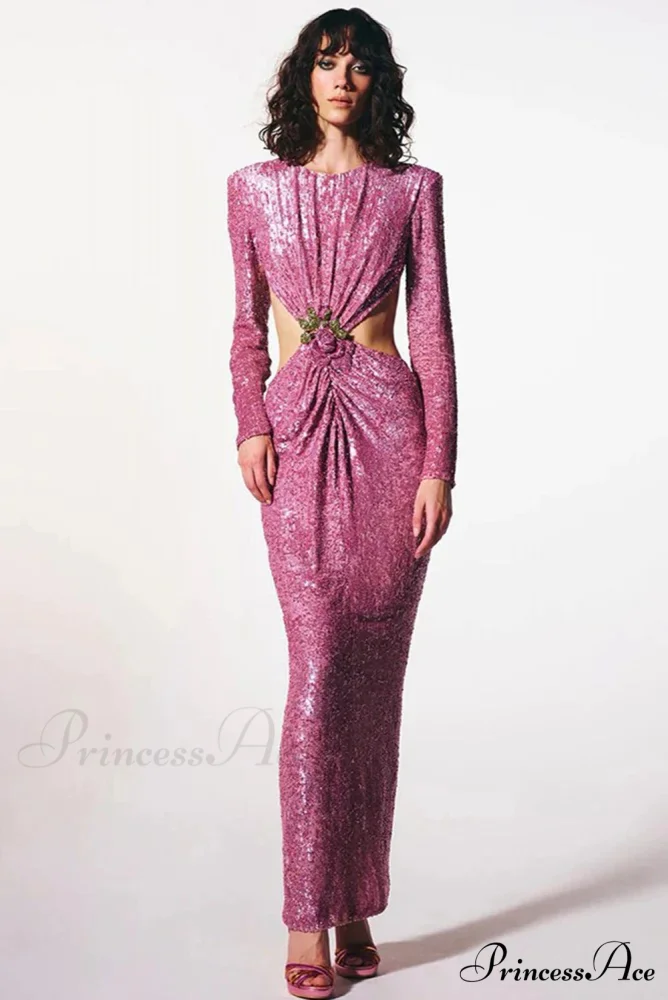 Gathered Sparkling Waist Cutout Prom Dress - Image 3