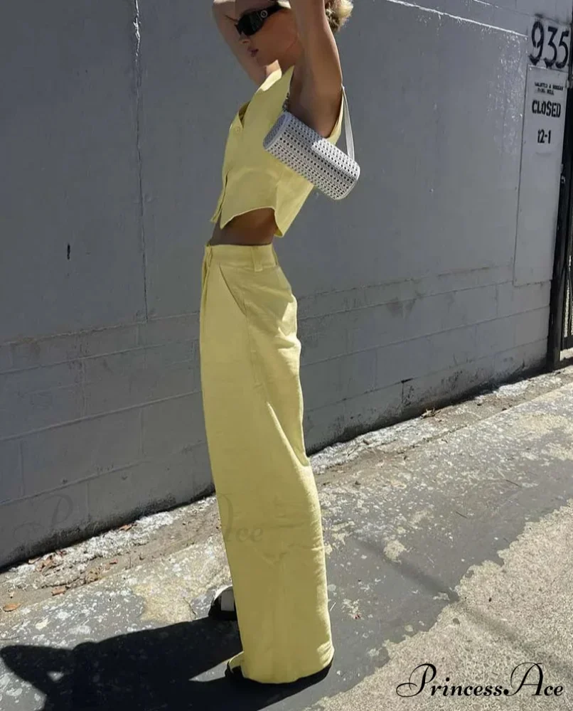 Golden Cotton Sleeveless Crop Pants Workplace Two Piece Set - Image 2