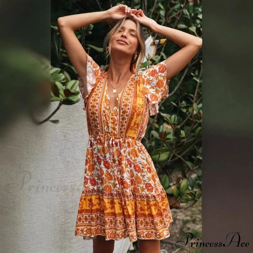Golden Floral Lace-up Rayon Bohemian Dress - Image 2