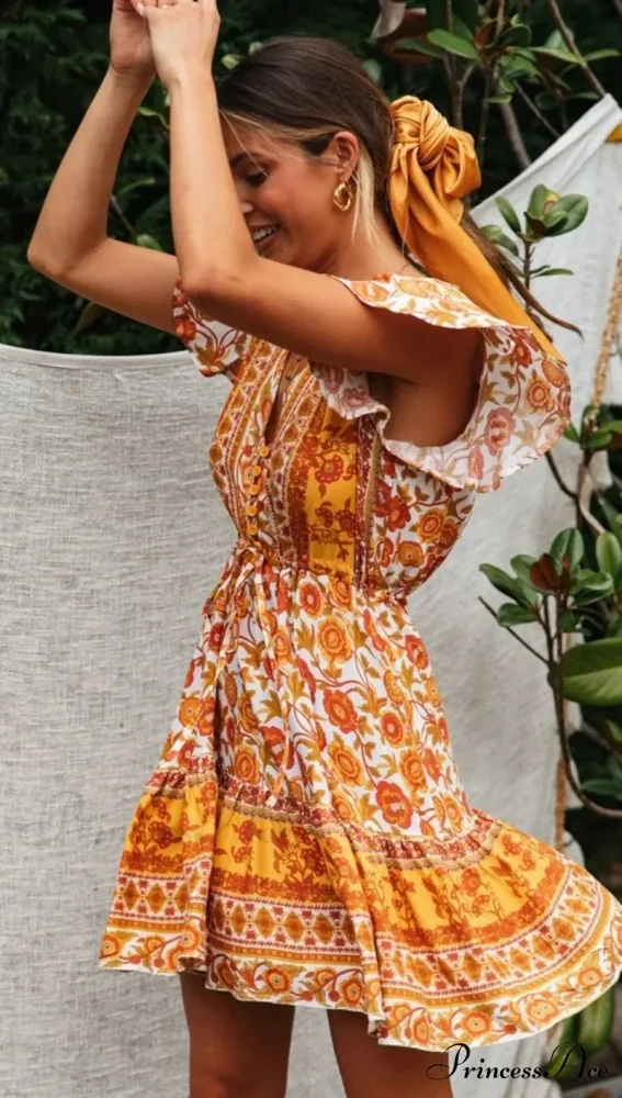 Golden Floral Lace-up Rayon Bohemian Dress - Image 3