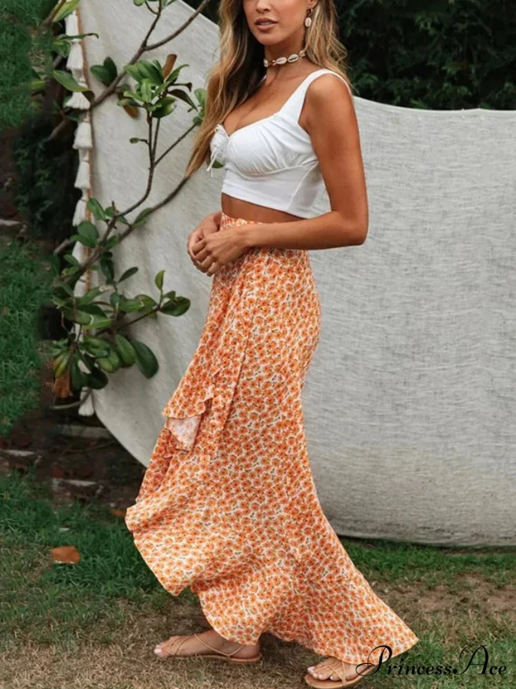 Golden Floral Pattern Rayon Seaside Split Uneven Bohemian Skirt - Image 2