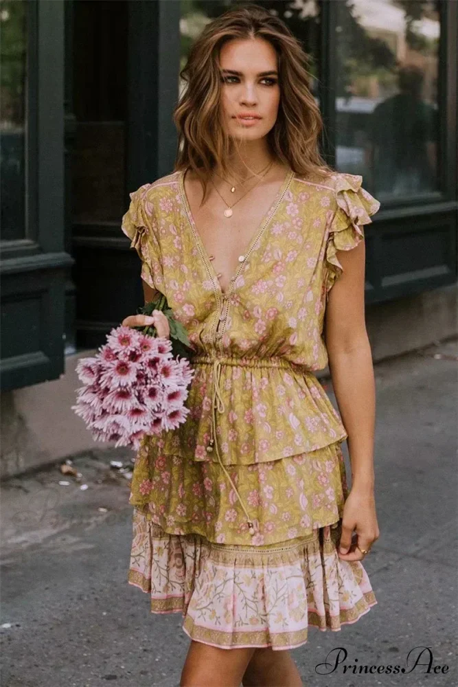 Golden Floral Pattern V-neck Lace Fringe Summer Mini Boho Sundress - Image 2