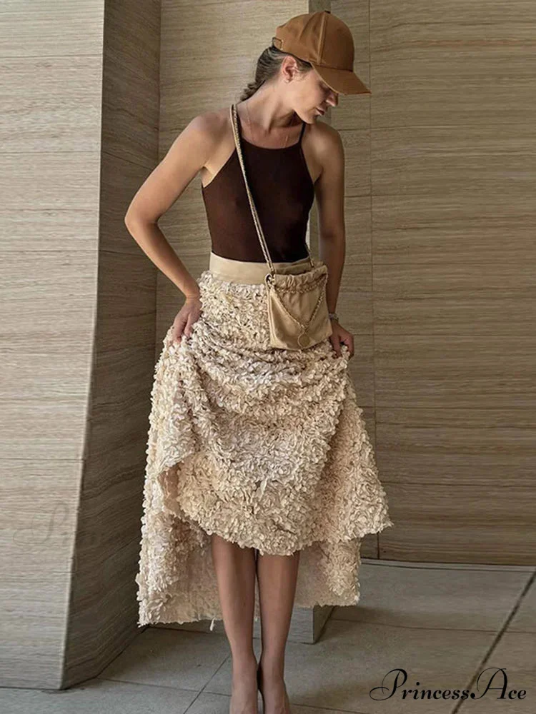 Graceful 3D Blossom Solid A-Line Stretchable High Waist Skirt - Image 2
