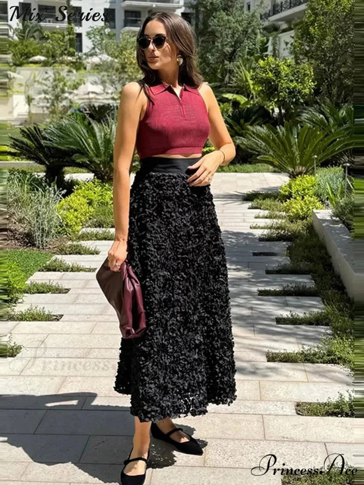 Graceful 3D Blossom Solid A-Line Stretchable High Waist Skirt - Image 4