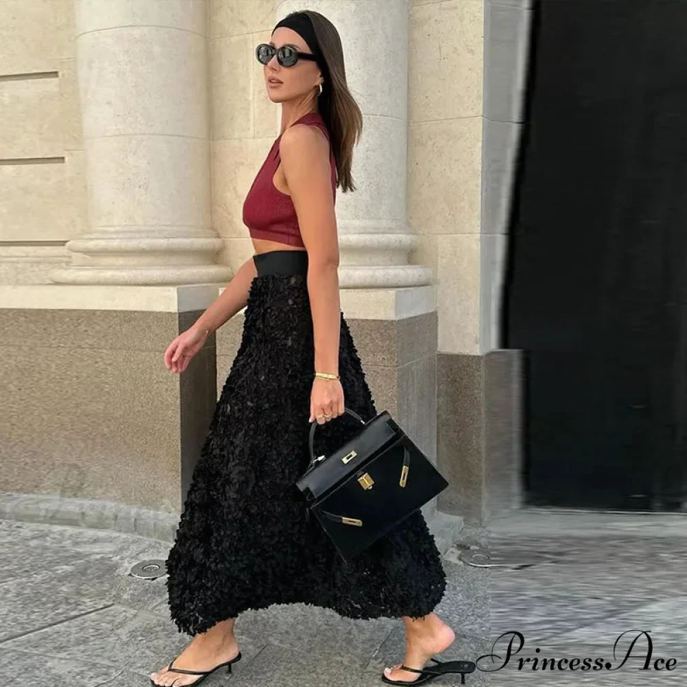 Graceful 3D Blossom Solid A-Line Stretchable High Waist Skirt - Image 7