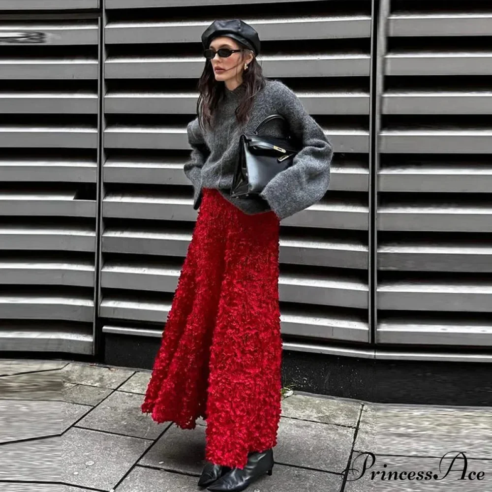 Graceful 3D Blossom Solid A-Line Stretchable High Waist Skirt - Image 8