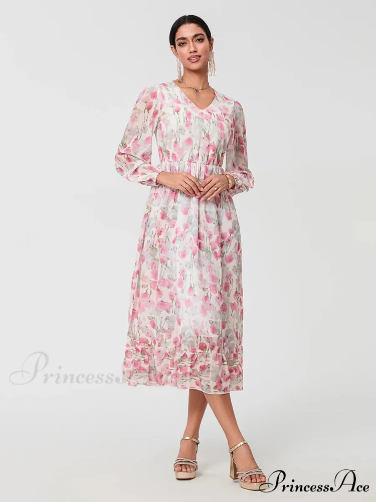 Graceful Botanical Cascading Long Sleeve A-Line Floral Dress - Image 2