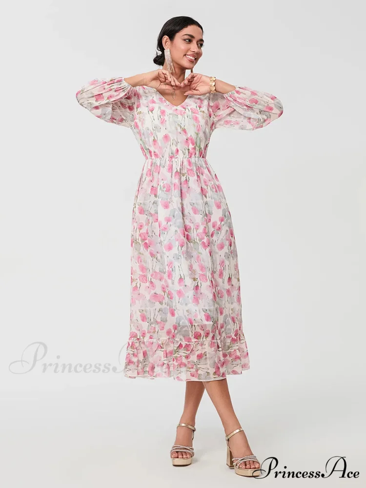 Graceful Botanical Cascading Long Sleeve A-Line Floral Dress - Image 3