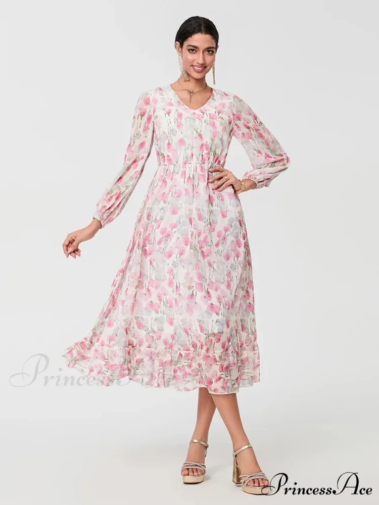 Graceful Botanical Cascading Long Sleeve A-Line Floral Dress - Image 4