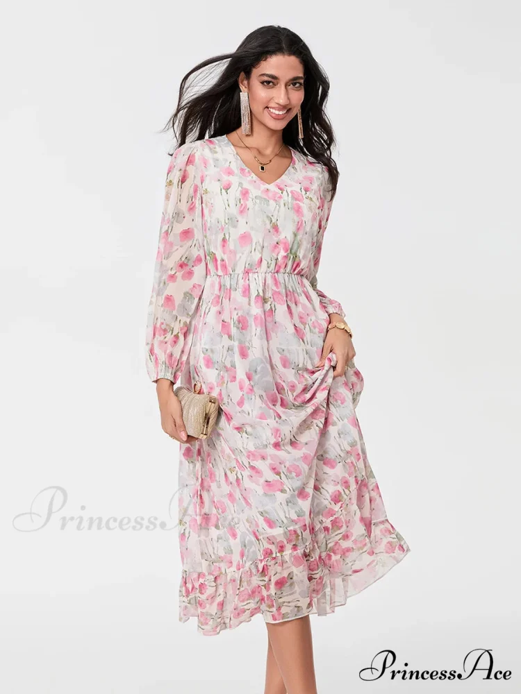 Graceful Botanical Cascading Long Sleeve A-Line Floral Dress - Image 5