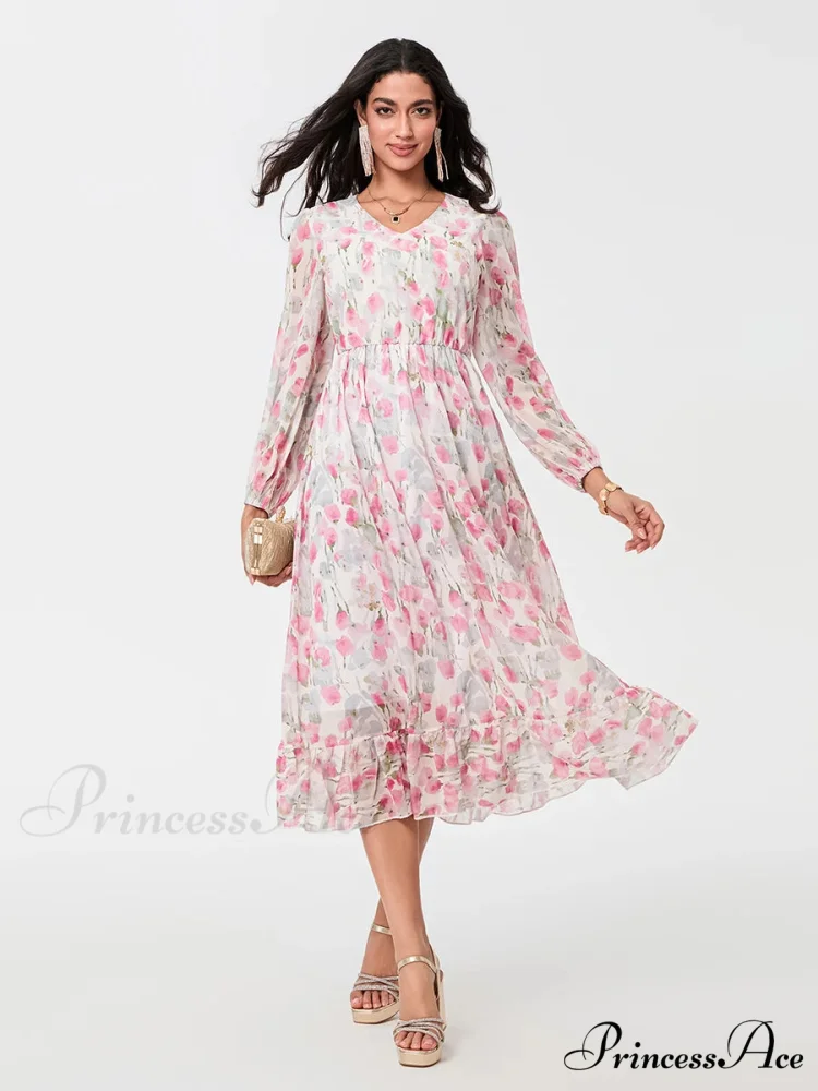 Graceful Botanical Cascading Long Sleeve A-Line Floral Dress - Image 6